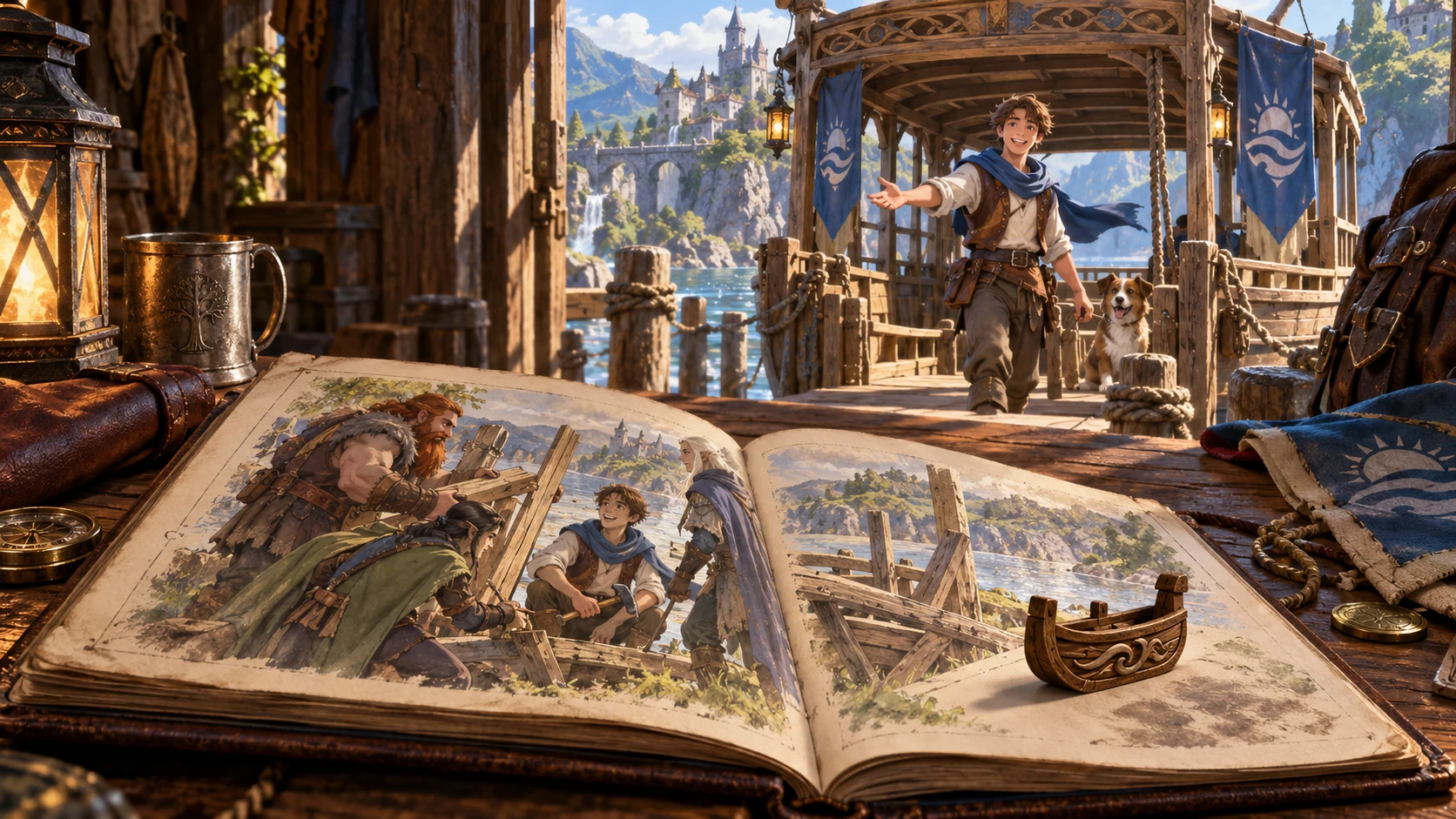 Fantasy illustration of a riverside storybook showing an earlier rescue as a familiar young traveller returns to the dock