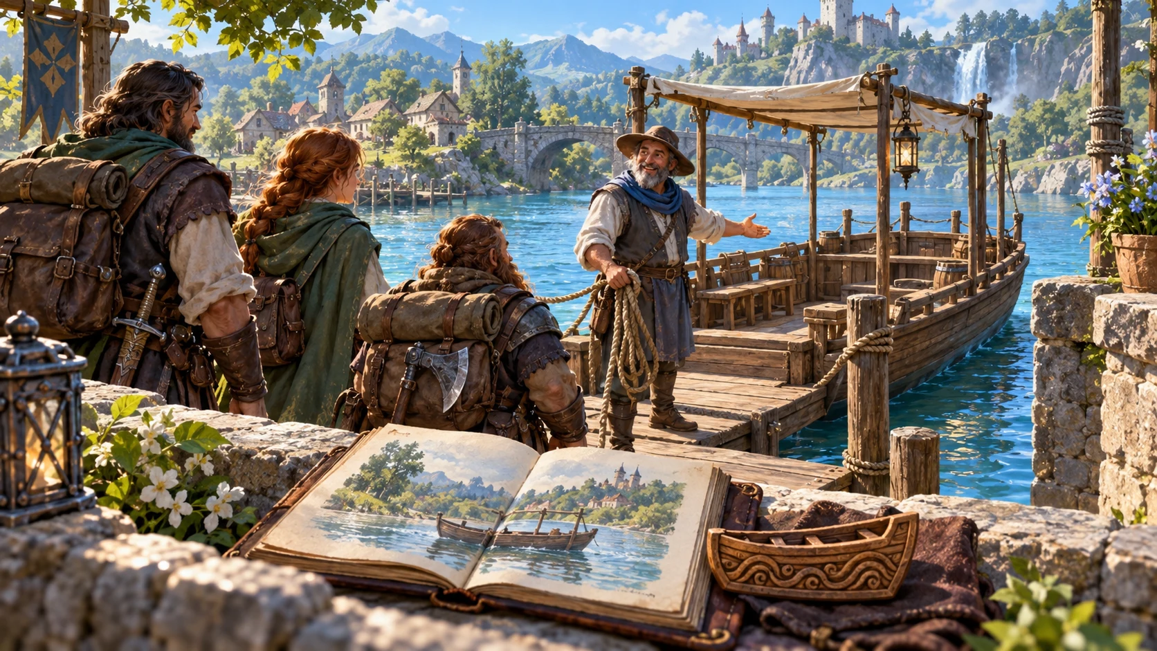 Fantasy illustration of a familiar boatman welcoming returning adventurers beside a riverside ferry
