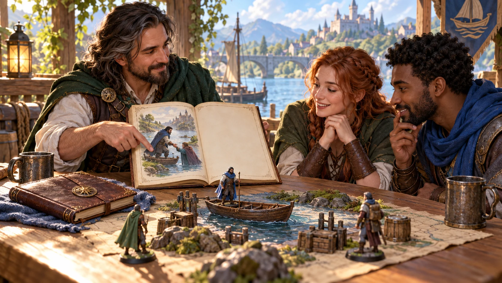 Fantasy illustration of companions reviewing a pictured riverside choice in an open book beside tabletop ferry miniatures